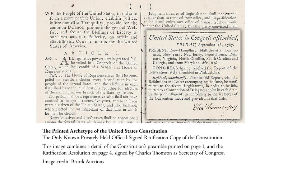 A copy of the Constitution dated 1787 that was found in a North Carolina mansion’s filing cabinet.