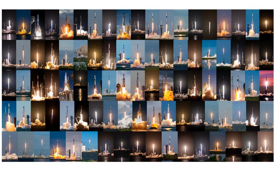 A massive collage of 93 vertical photos of rockets launching.