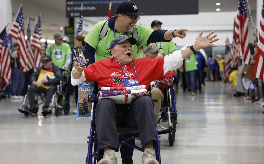 Honor Flight Syracuse welcomes home 80 veterans on Mission 18 at Syracuse Hancock Internal airport, Syracuse, N.Y., April 22, 2023. 