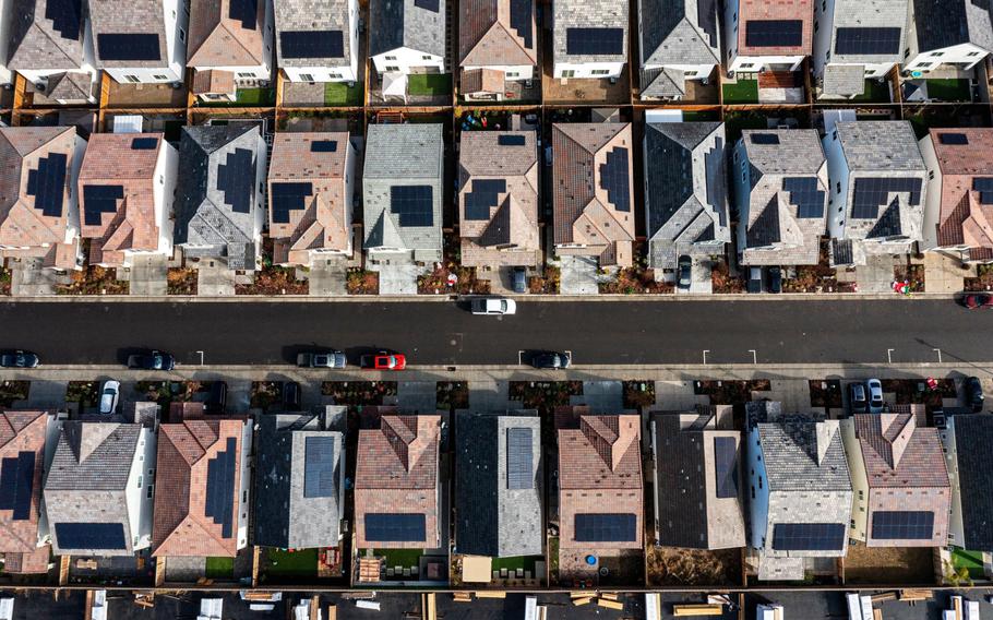 Homes with rooftop solar panels in Rocklin, Calif.