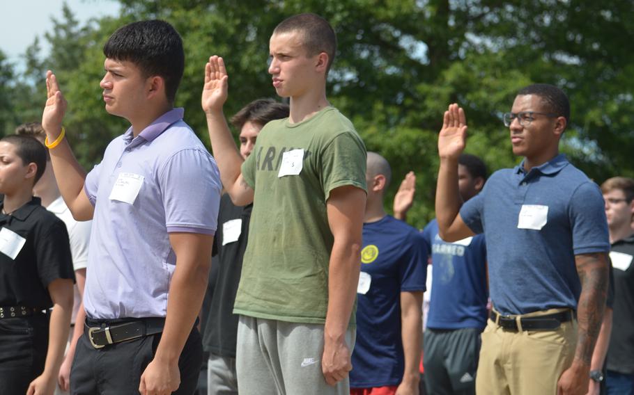 Eighty-five recruits were sworn in by Defense Secretary Lloyd Austin to the armed forces on Wednesday, July 5, 2023, at Fort Meade, Md. 