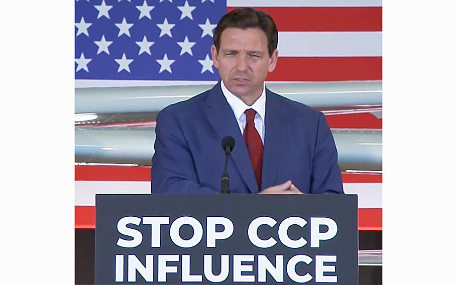 A video screen grab shows Florida Gov. Ron DeSantis speaking about the Chinese Communist Party’s influence in the United States during a briefing in May 2023. “Our food security is national security. We do not want the CCP involved in any of our food production,” said DeSantis.