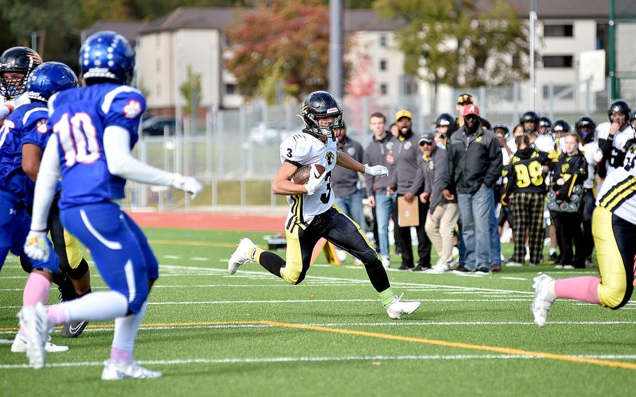 Stuttgart's Jace Holmes runs with the football during the second quarter of the Panthers' Division I semifinal game against the Royals on Oct. 21, 2023, at Ramstein High School on Ramstein Air Base, Germany.