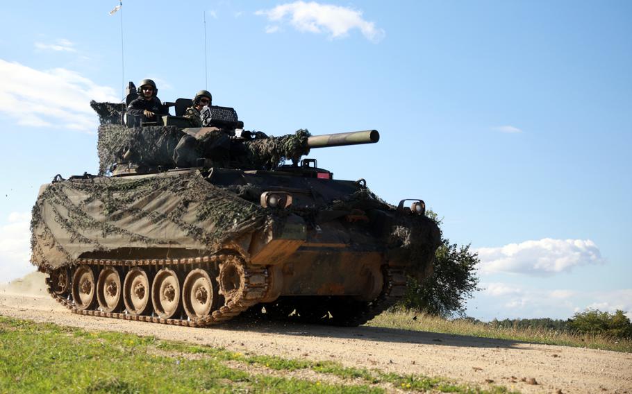 Soldiers assigned to the 1st Battalion 4th Infantry Regiment operate a T-72 main battle tank during Exercise Saber Junction 20 at the Hohenfels Training Area, Germany, Aug. 24, 2020. A T-72 was spotted in May 2023 in Utah on its way to the Aberdeen Proving Ground in Maryland, where it will be studied to aid the Ukrainian war effort.