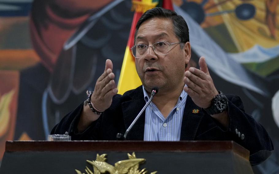 Bolivian President Luis Arce speaks during a press conference in La Paz on June 27, 2024, the day after troops stormed the presidential palace in what he called a coup attempt.