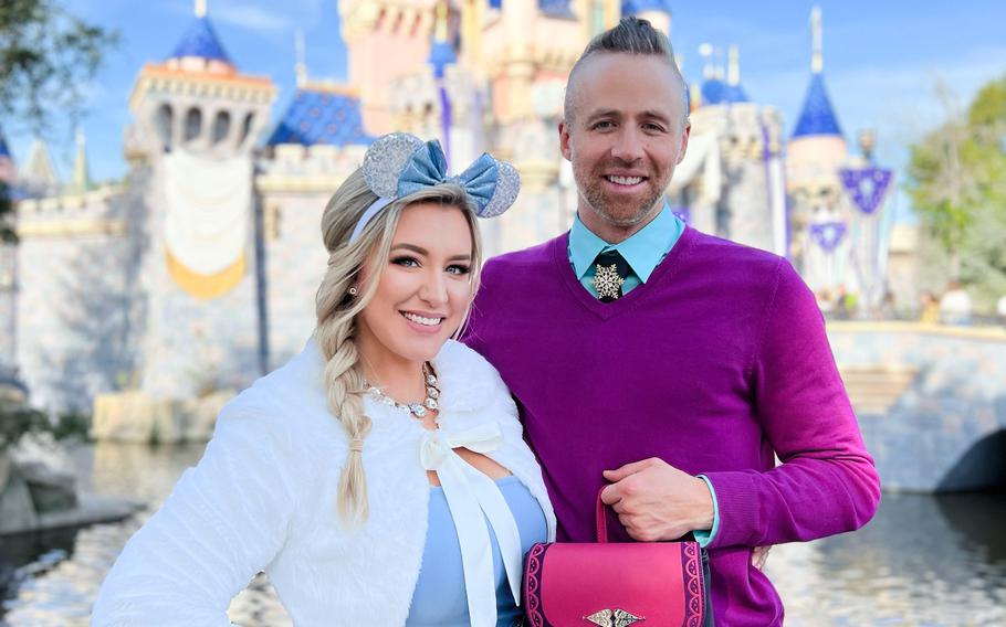 Lilly and Paul Davis Disneybound as Elsa and Anna from “Frozen” at Disneyland.  The Salt Lake City couple have been bounding for just a year and make viral videos on TikTok of their efforts when they visit the park about every other month. 