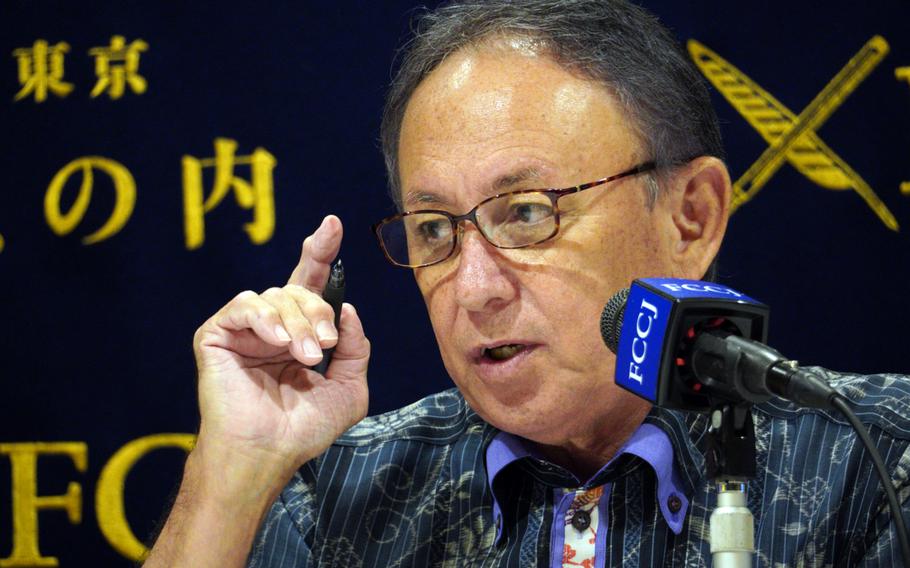 Okinawa Gov. Denny Tamaki speaks to reporters at the Foreign Correspondents' Club of Japan in Tokyo, Wednesday, Aug. 7, 2024.