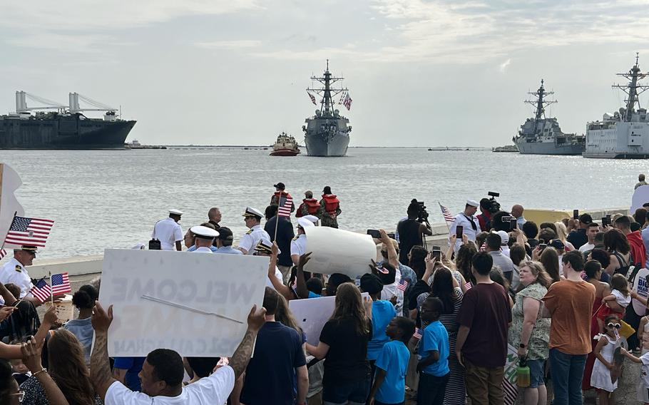 Family and friends of sailors assigned to USS Carney (DDG 64) prepare to reunite with their loved ones during the ship’s homecoming at on Sunday, May 19, 2024, Naval Station Mayport, Fla.