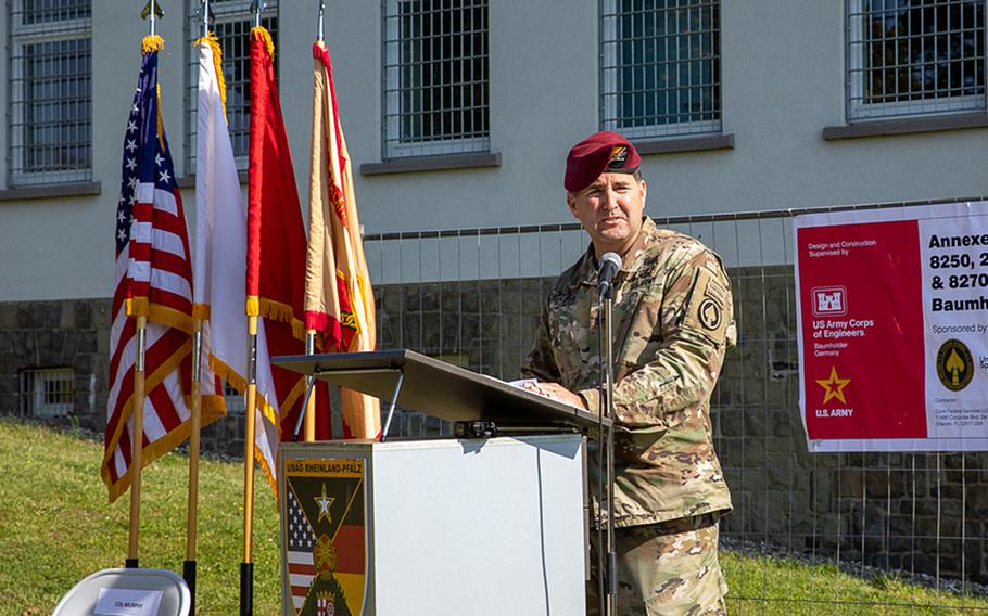 Col. Stephen Murphy, command engineer for U.S. Special Operations Command, speaks at a groundbreaking ceremony in Baumholder, Germany