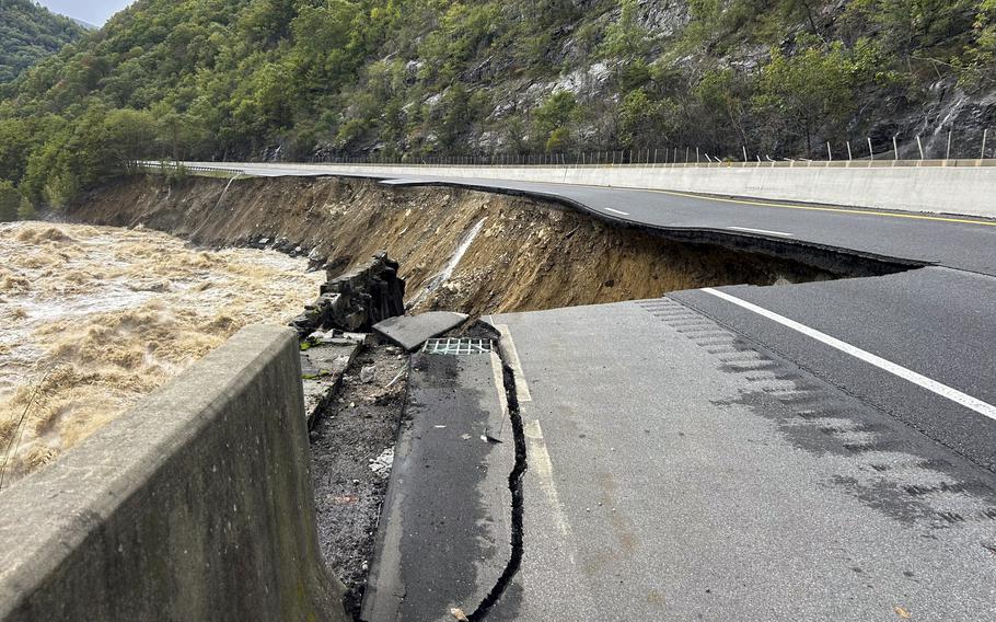 An interstate road in North Carolina collapsed due to weather from Hurricane Helene.