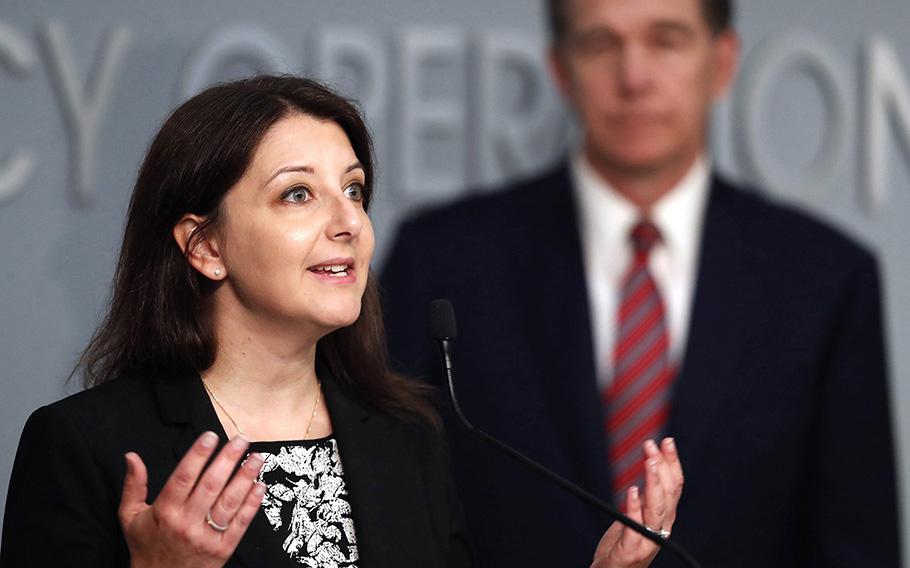 Dr. Mandy Cohen, secretary of the state Department of Health and Human Services, speaks during a briefing on the coronavirus pandemic at the Emergency Operations Center in Raleigh, North Carolina, on May 26, 2020. 