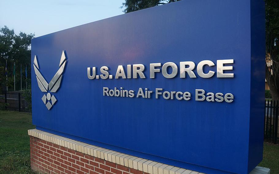 Undated photo of the front gate sign at Robins Air Force Base in Georgia.