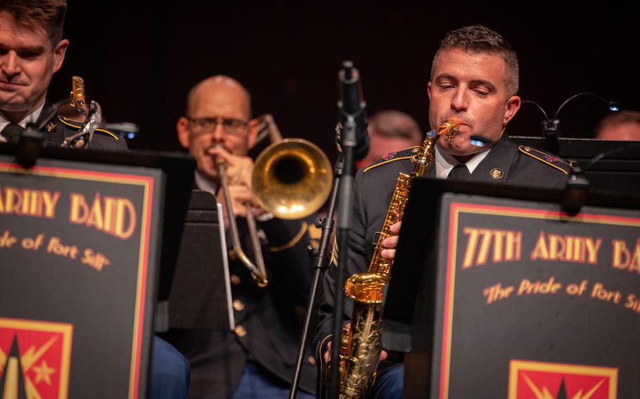 The 77th Army Band performs its farewell concert on Sept. 20, 2024, at McMahon Memorial Auditorium in Lawton, Okla.