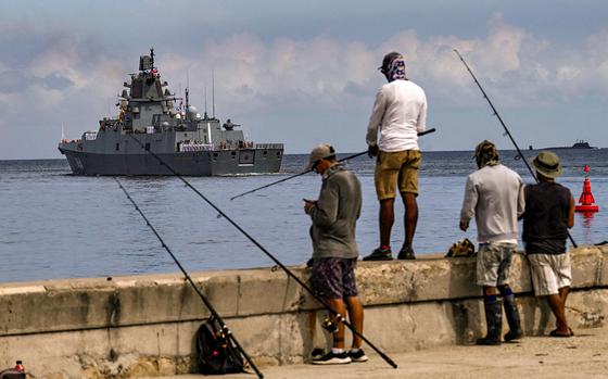 Class frigate Admiral Gorshkov, part of the Russian naval detachment visiting Cuba, leaves Havana Harbour on June 17, 2024. A Russian naval detachment visited Cuba from June 12 to 17, amid major tensions over the war in Ukraine, where the Western-backed government is fighting a Russian invasion. (Yamil Lage/AFP/Getty Images/TNS)