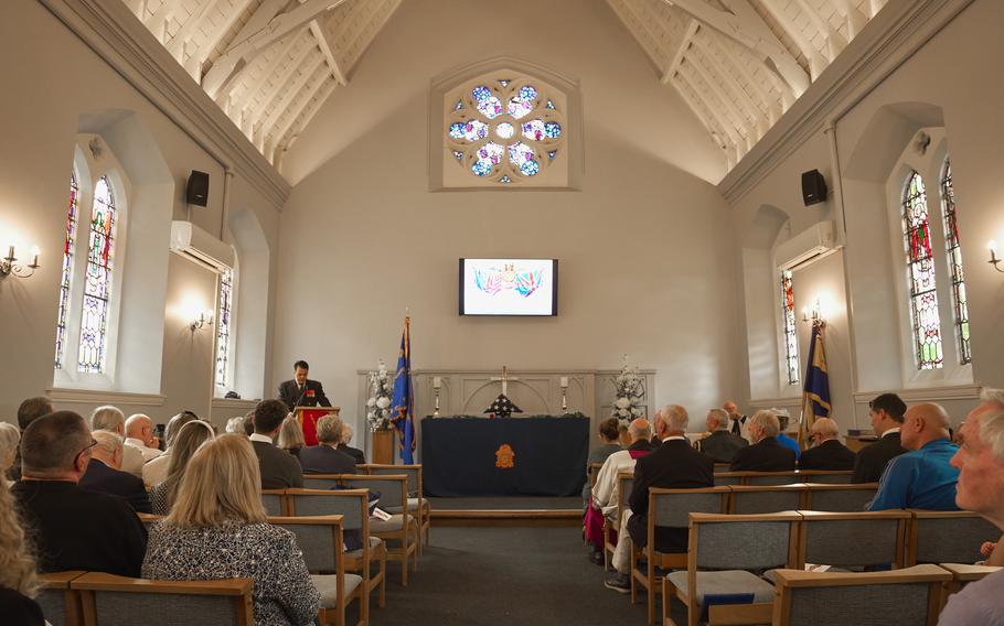 Mathew O’Neill, a camp commander with the Sons of Union Veterans of the Civil War, gives the greeting and address for Civil War Union veteran Pvt. James Schobel White on Aug. 10, 2024, at the East London Cemetery Chapel in England. The Sons of Union Veterans of the Civil War hosts a memorial annually for fallen U.S. Civil War veterans in London. 