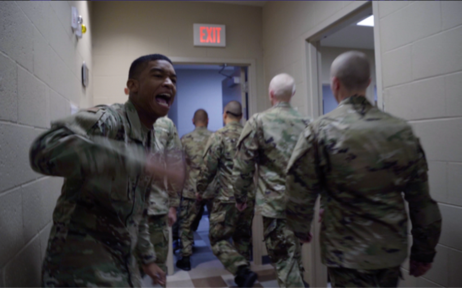 Tech. Sgt. Matthew Rice, an instructor at Air Force basic training at Joint Base San Antonio-Lackland, Texas, encourages trainees to exit the dormitory during filming of the docuseries “Basic,” which will stream on the Air Force Recruiting YouTube channel beginning Thursday. The eight-episode series follows five trainees who attended basic training between October 2019 and January 2020.  