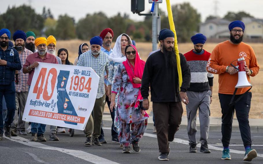 Californians of Sikh descent march through the state to commemorate the 40th anniversary of anti-Sikh riots in India and protest alleged ongoing transnational repression by the Indian government.