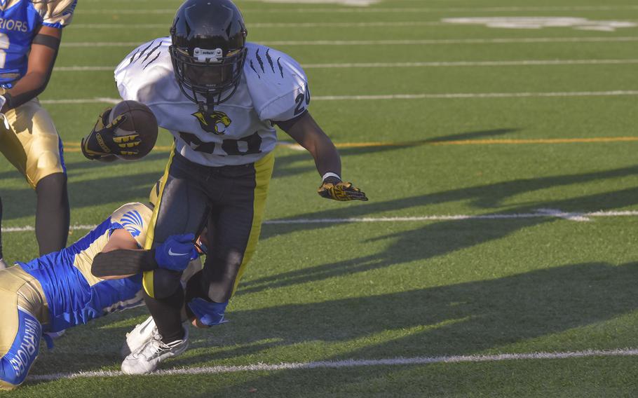 Panther running back Michael Watkins crosses the goal line for a touchdown against the Warriors on Sept. 13, 2024, in Wiesbaden, Germany.  