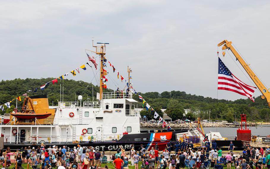 USCGC Morro Bay (WTGB-106) out of Cleveland docks during the U.S. Coast Guard parade of ships in Grand Haven, Mich., on Monday, July 29, 2024. 