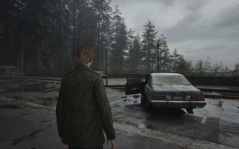 A realistically animated man heads toward a gloomy landscape complete with gray skies, evergreen trees and a possibly abandoned car.