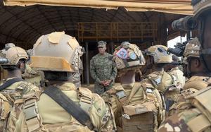 Marine Corps Gen. Michael Langley, head of U.S. Africa Command, talks with Somali troops in Mogadishu on Sept. 10, 2024. U.S. troops returned to Somalia in 2022 in an advisory capacity, two years after then-President Donald Trump pulled hundreds of U.S. service members out of the country.