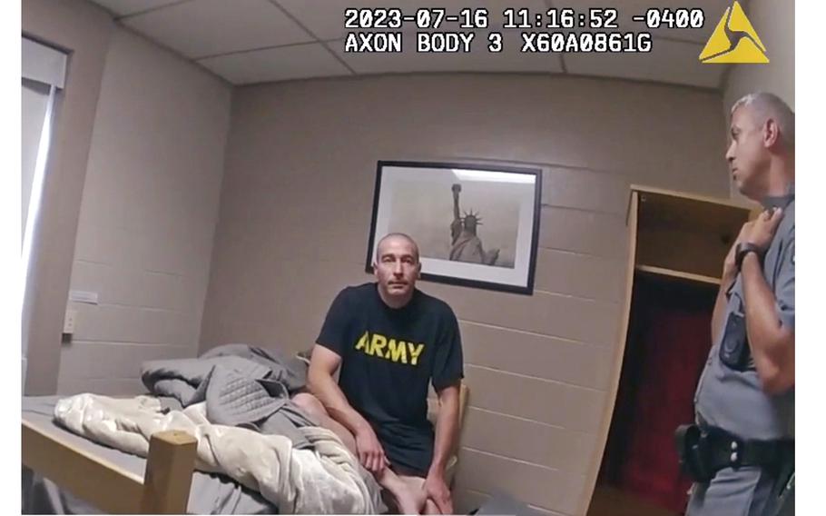 In this image taken from New York State Police body camera video, Army reservist Robert Card is interviewed by officers at Camp Smith in Cortlandt, N.Y., on July 16, 2023.