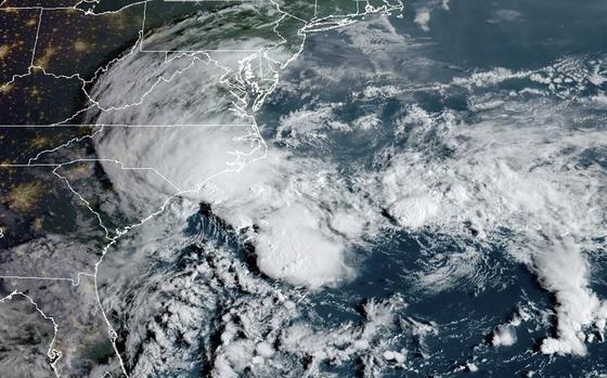 This image provided by the National Oceanic and Atmospheric Administration shows tropical storm conditions along a stretch of the U.S. Southeast seacoast, Monday, Sept. 16, 2024.  (NOAA via AP)