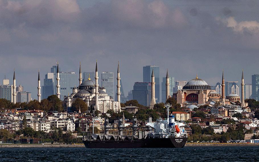 The Barbados-flagged ship “Nord Vind” coming from Ukraine loaded with the grain is anchored for inspection in Istanbul on Oct. 11, 2022. 