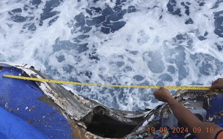 This photo provided by the Philippine coast guard, shows damage on the Philippines coast guard vessel BRP Cape Engano after a collision with a Chinese coast guard ship Monday, Aug. 19, 2024 in the disputed South China Sea.