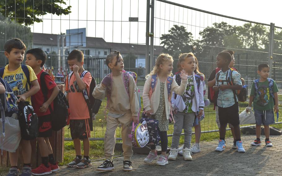 First grade students at Aukamm Elementary School in Wiesbaden, Germany, say goodbye to their parents as they line up for the first day of school on Aug. 19, 2024. 