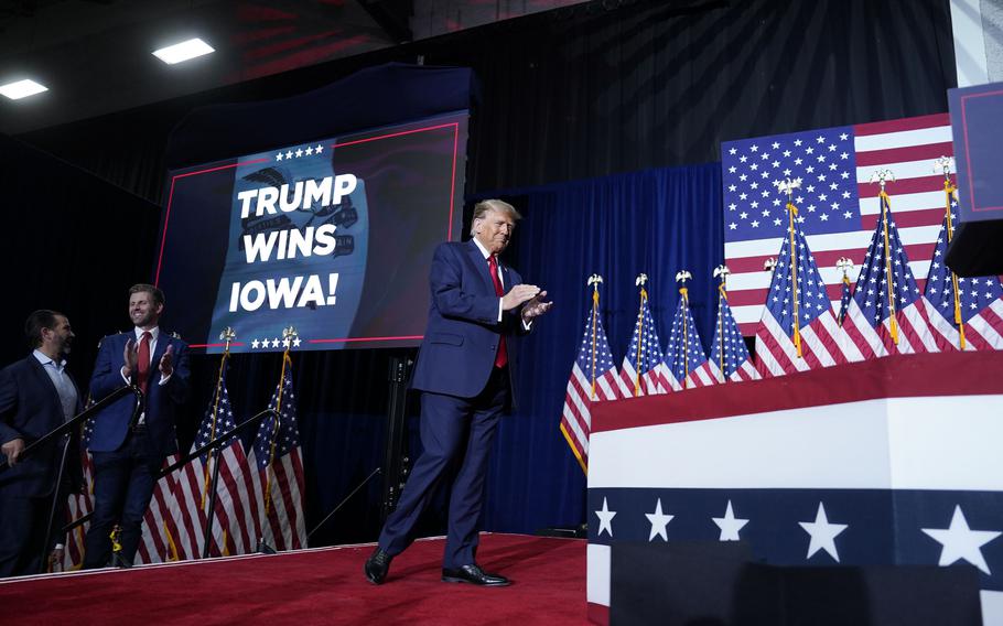 Donald Trump arrives for his watch party in Des Moines, Iowa, on Jan. 15, 2024. 