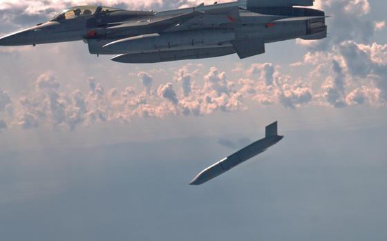 An air-to-surface missile is launched from an F-16 Fighting Falcon.