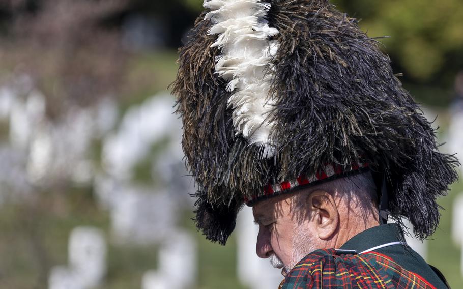 A bagpiper prepares to perform before the U.S. Army’s 1st Special Forces Command (Airborne) at Arlington National Cemetery, Va., Thursday, Oct. 17, 2024. 