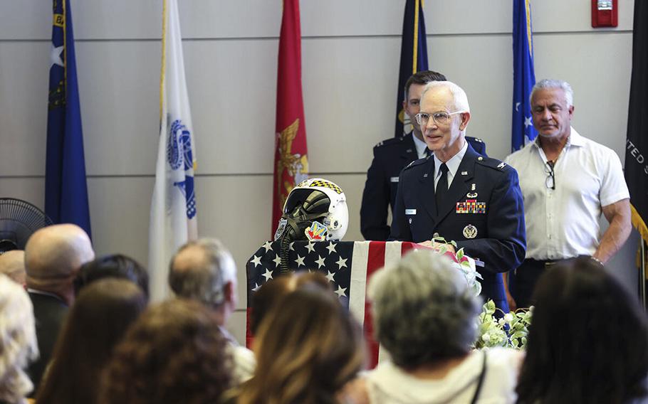 Retired Air Force member Bruce Fischer speaks about the life of Air Force Col. James Abraham at his funeral at the Southern Nevada Veterans Memorial Cemetery in Boulder City, Nev.ada, on Monday, May 15, 2023. 