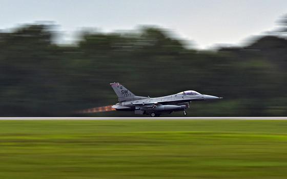 An F-16C Fighting Falcon assigned to the 77th Fighter Squadron takes off from North Auxiliary Airfield, S.C., May, 14, 2024. 