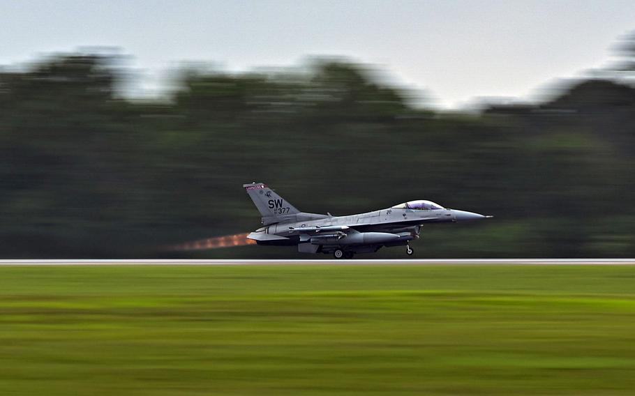 An F-16C Fighting Falcon takes off from North Auxiliary Airfield, SC 