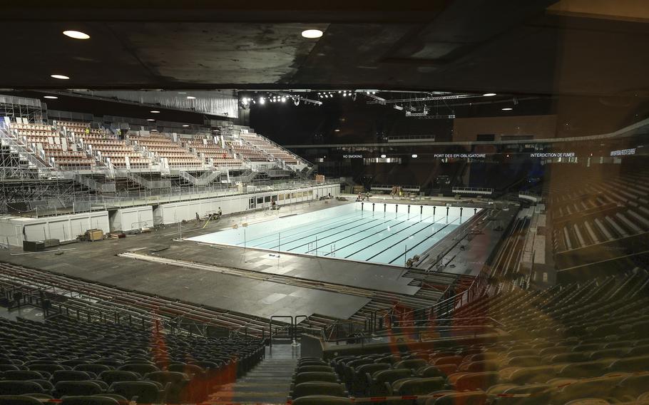A view of the pool at the Paris La Defense Arena in Nanterre, which will host swimming events at the upcoming 2024 Paris Olympics.