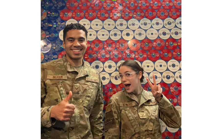 Senior Airmen Ariana Howard and Dom Ingram, the hosts of AFN Europe's popular shows "Brunch Bites" and "Tactical Lunch," pose together at the AFN Europe studio. The new programming schedule launches on July 1, 2024.