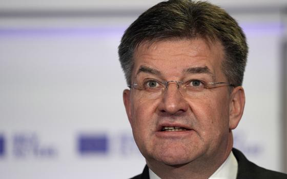 European Union envoy for the Western Balkans Miroslav Lajcak, speaks during a joint press conference with U.S. Deputy Assistant Secretary Gabriel Escobar in Belgrade, Serbia, on Feb. 3, 2022.