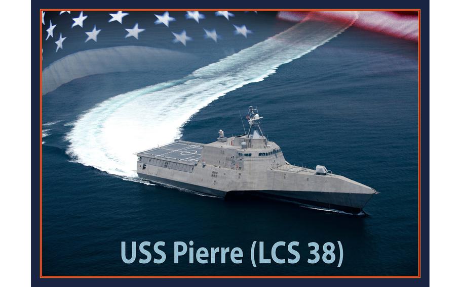 A graphic illustration of the future Independence-variant littoral combat ship USS Pierre (LCS 38). 