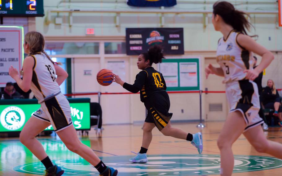 Taianna Crawley dribbles up the court.