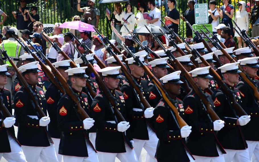 United States Marines march in the Independence Day Parade in Washington, D.C., on July 4, 2024.