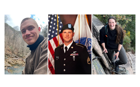 Three photos side-by-side: a selfie on the left, an official portrait in the center and a picture of a woman hiking or climbing outdoors on the right.