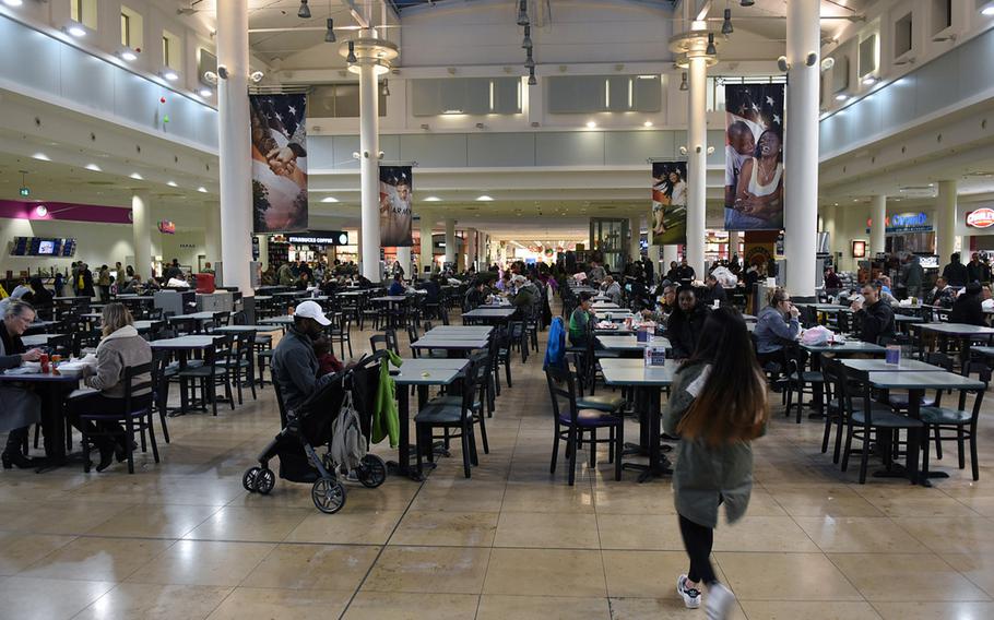 The food court at the Kaiserslautern Military Community Center on Ramstein Air Base, Germany, in 2017. Following the 9/11 attacks, the U.S. military invested heavily in improving on-post amenities in Europe, which resulted in on-base mini-Americas.