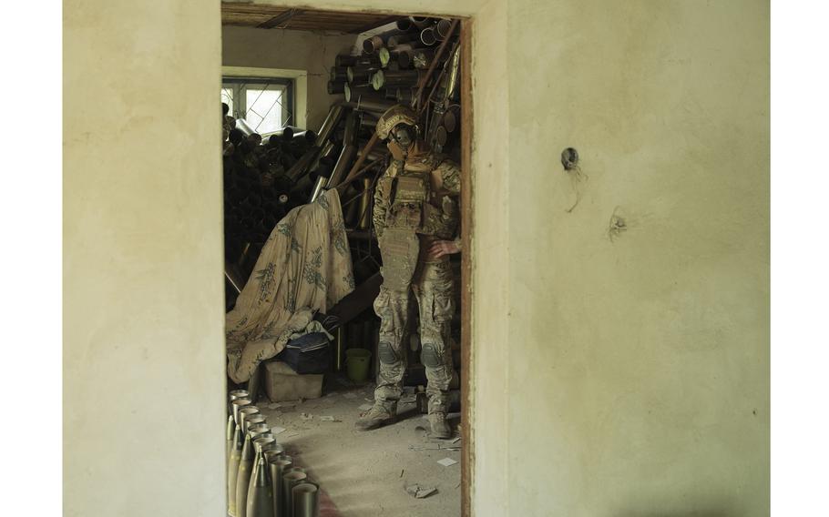 A house stacked with spent 105mm shells near the positions of the artillery unit with the nickname “Tiger Woods” of the SBU’s Alpha division in the Zaporizhzhia region on June 19, 2023. 