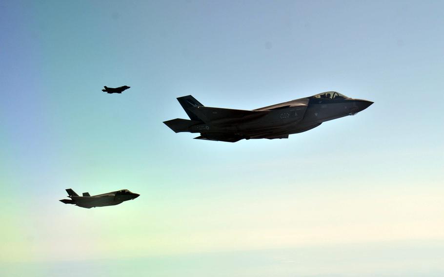 Italian F-35B Lightning IIs stealth fighters fly over Australia’s Norhern Territory during Pitch Black drills, Thursday, Aug. 1, 2024.