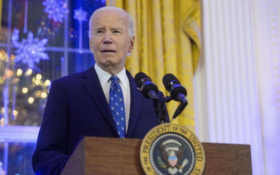 President Joe Biden speaks during a Hanukkah reception in the East Room of the White House in Washington, Dec. 16, 2024.