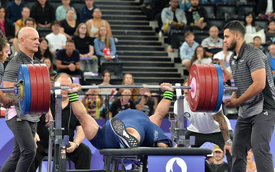 Bobby Body lifts 218 kilograms, or 480.60 pounds, at the para powerlifting competition at the 2024 Paris Paralympics., Sept. 8, 2024. The Army veteran finished fourth in the up to 107-kilogram class.