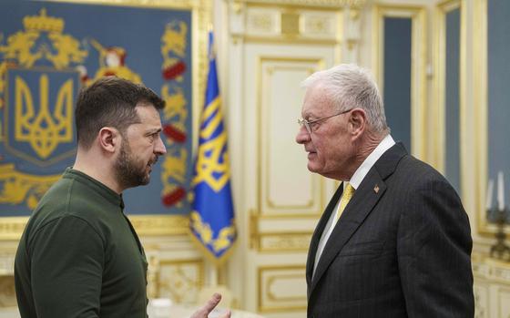 U.S. Special Envoy for Ukraine and Russia Keith Kellogg, right, and Ukraine's President Volodymyr Zelenskyy talk during their meeting in Kyiv, Ukraine, Feb. 20, 2025. (AP Photo/Evgeniy Maloletka)