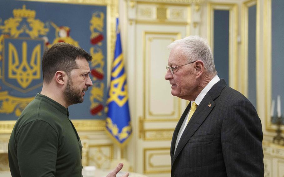 U.S. Special Envoy for Ukraine and Russia Keith Kellogg, right, and Ukraine’s President Volodymyr Zelenskyy talk during their meeting in Kyiv, Ukraine, Feb. 20, 2025. 